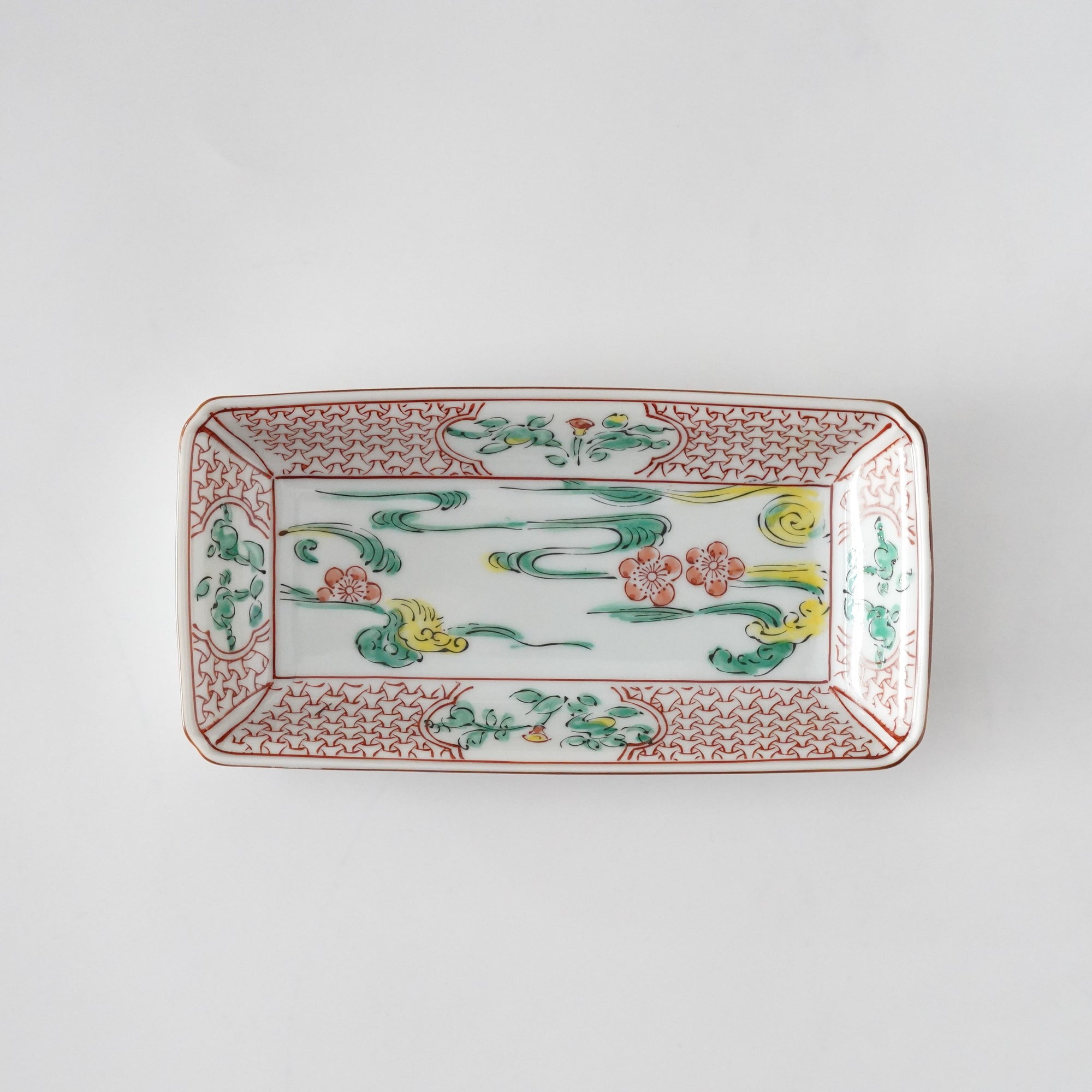 Long square plate with red plum blossoms and flowing water