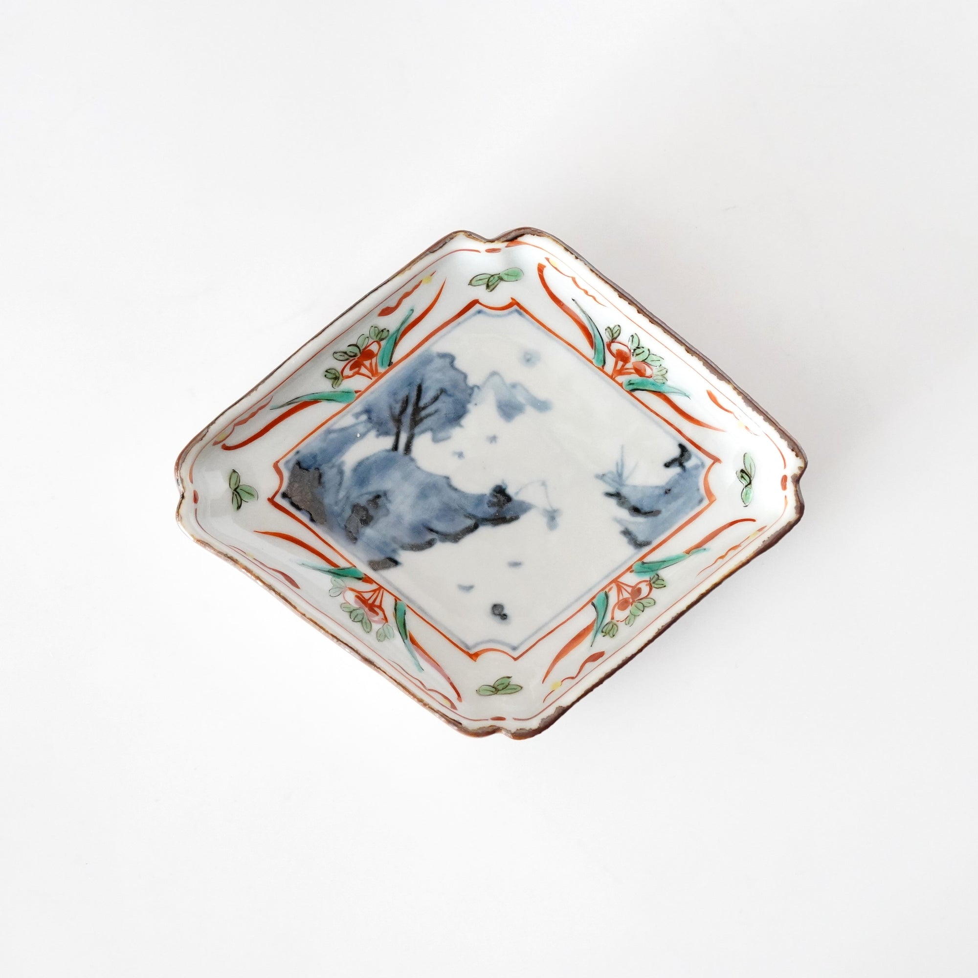 菱型皿 赤絵染山水