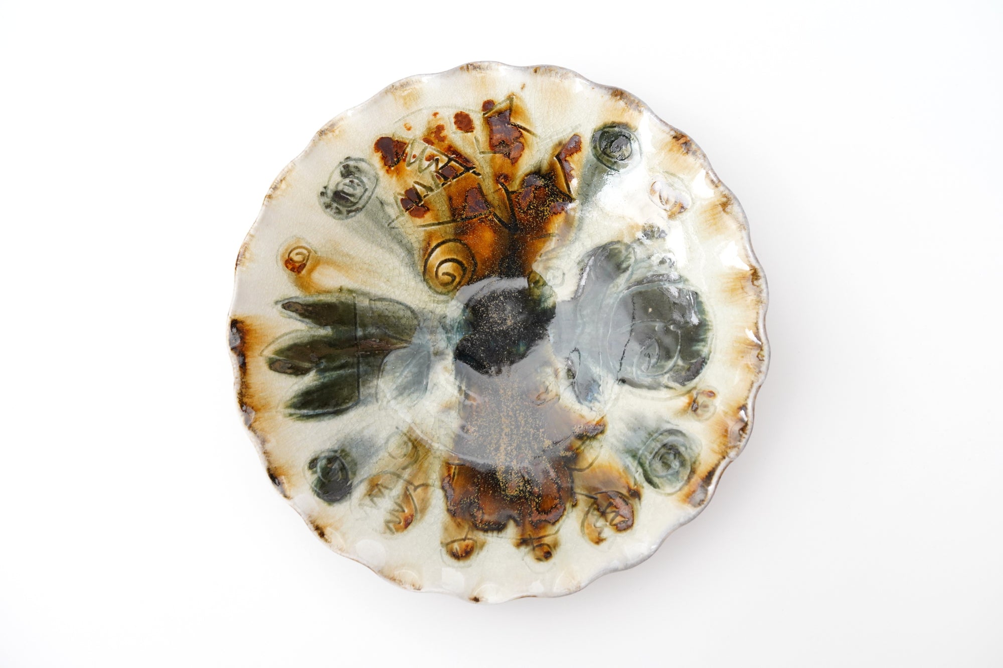 【光藤佐】鉄絵線刻鉢 7寸