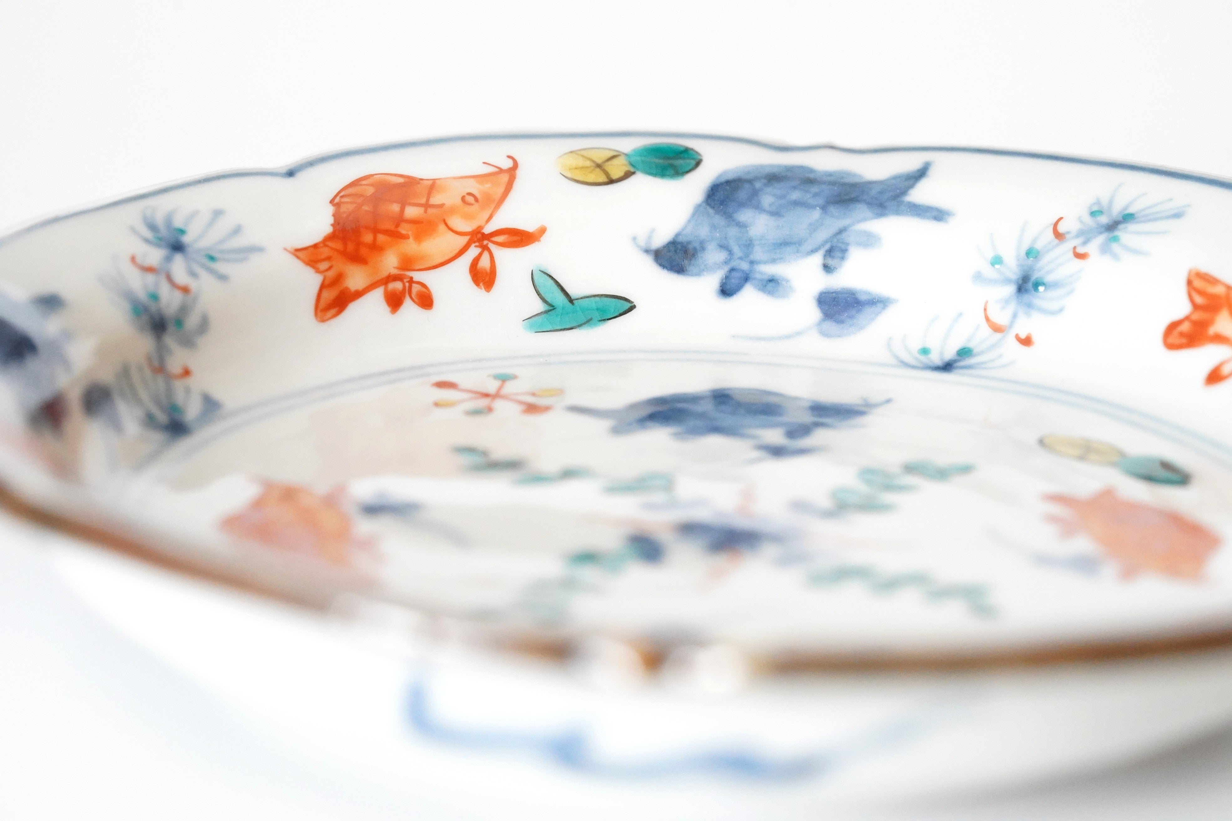 和食器　平安　三浦竹泉造　染付　吉文　輪花皿　五客　F　R5165 和食器 平安 三浦竹泉造 染付 吉文 輪花皿 五客 F