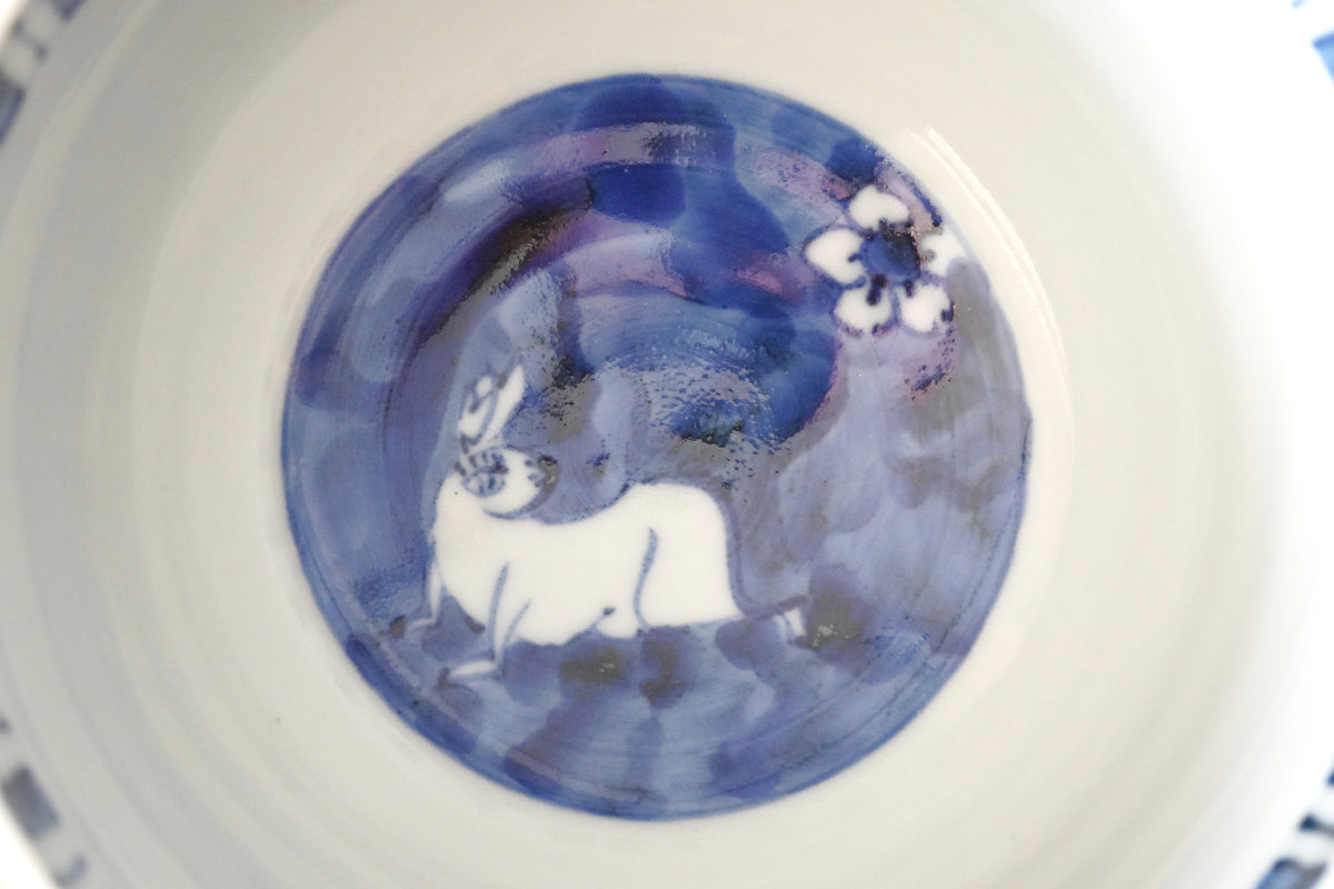 【北野敏一】花うさぎ棒縞文5寸丼