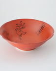Small flower-shaped bowl with caricatures of birds and animals, red scroll